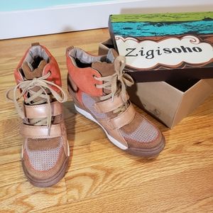 Tan Suede and Leather Wedge High top Sneaker